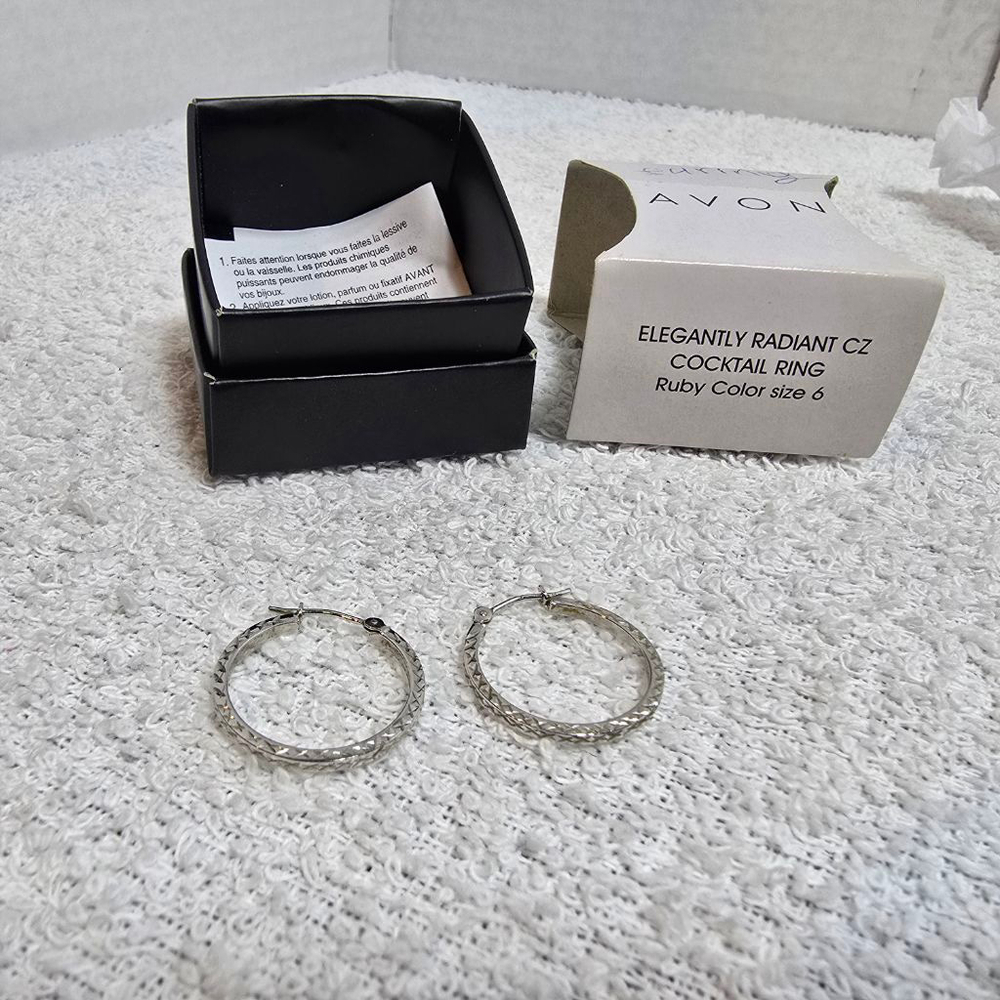Women's Avon Silver Tone Textured Hoop Earrings One Size